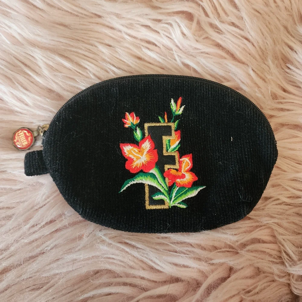 Feiler Germany Black Floral Embroidered Zipper Pouch